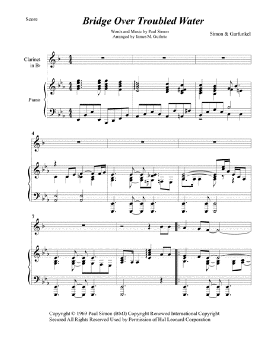 Bridge Over Troubled Water B-Flat Clarinet scores gallery preview page 1