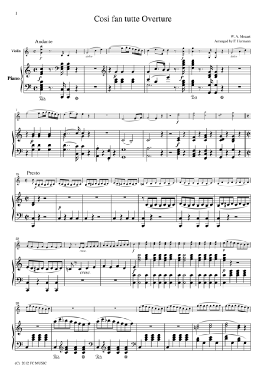 Mozart Cosi fan tutte Overture, for Violin & Piano, VM005 Violin Solo scores gallery preview page 1