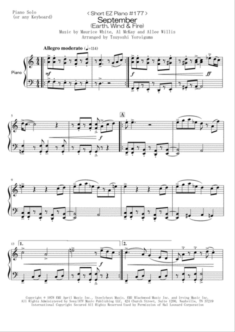 September Easy Piano scores gallery preview page 1