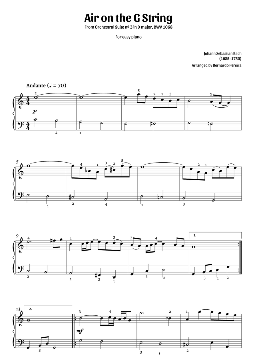 Air on the G string (easy piano – C major) Easy Piano scores gallery preview page 1