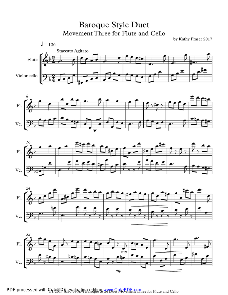 Baroque Style Duet for Flute and Cello - Third Movement Flute scores gallery preview page 1