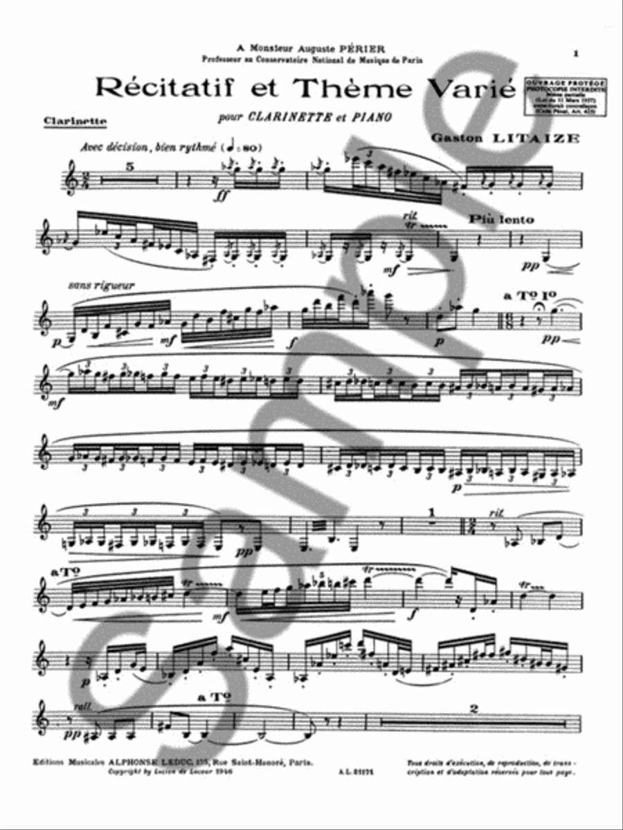 Recitatif Et Theme Varie (clarinet & Piano) Clarinet Solo scores gallery preview page 2
