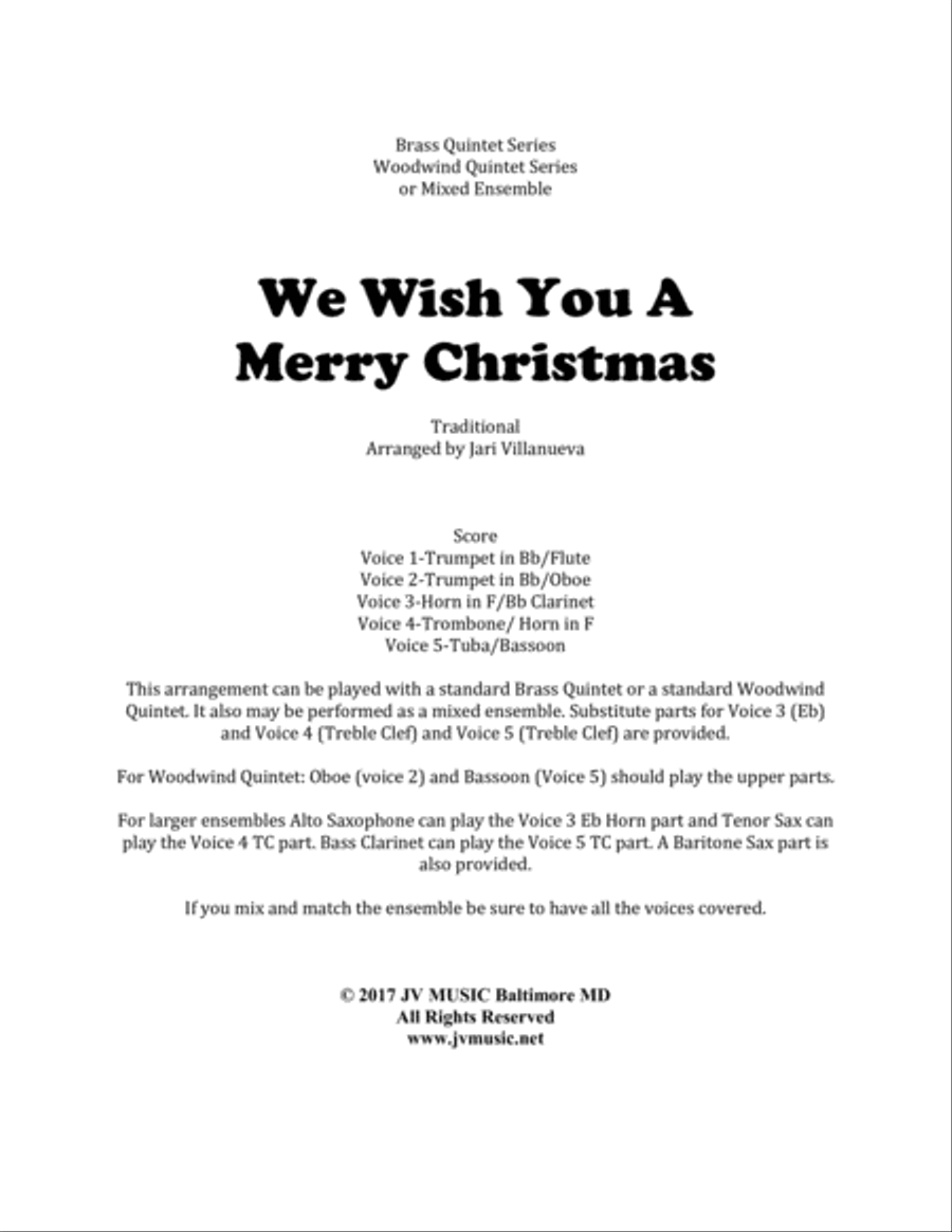 We Wish You A Merry Christmas for Brass or Woodwind Quintet or Mixed Ensemble Concert Band scores gallery preview page 1