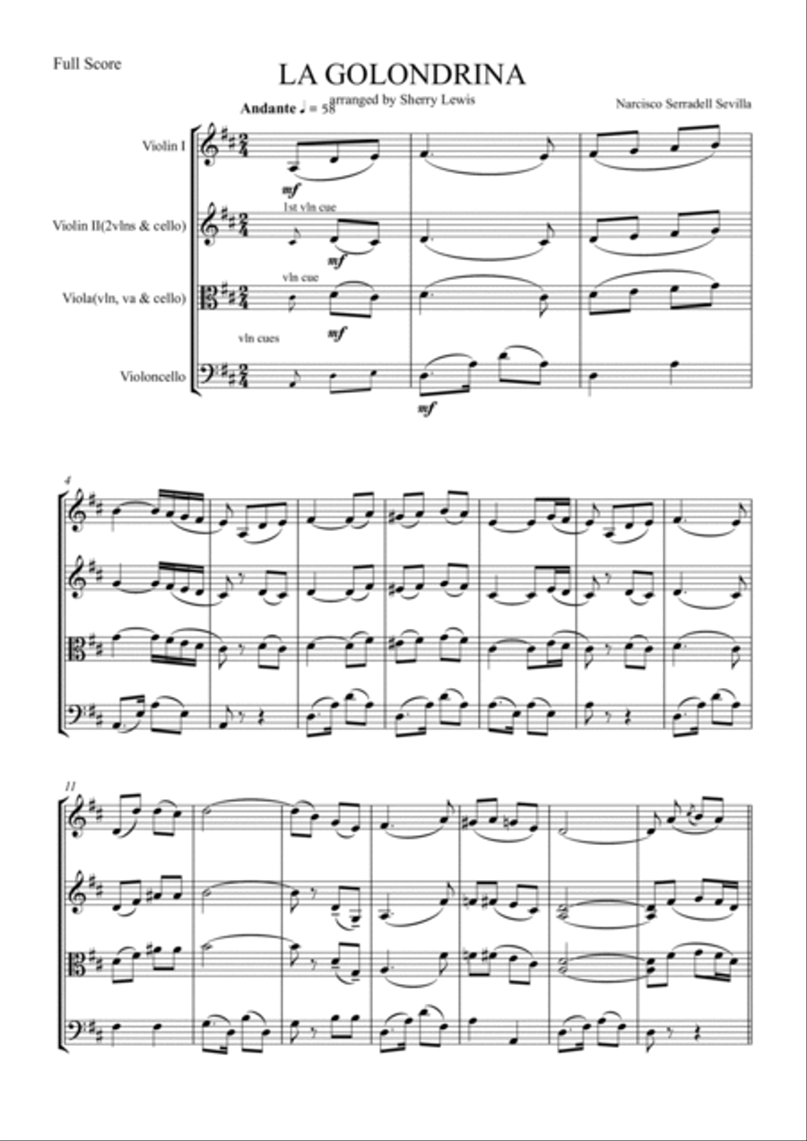 LA GOLONDRINA,Sevilla, String Trio, Intermediate Level for 2 violins and cello or violin, viola and String Trio scores gallery preview page 4