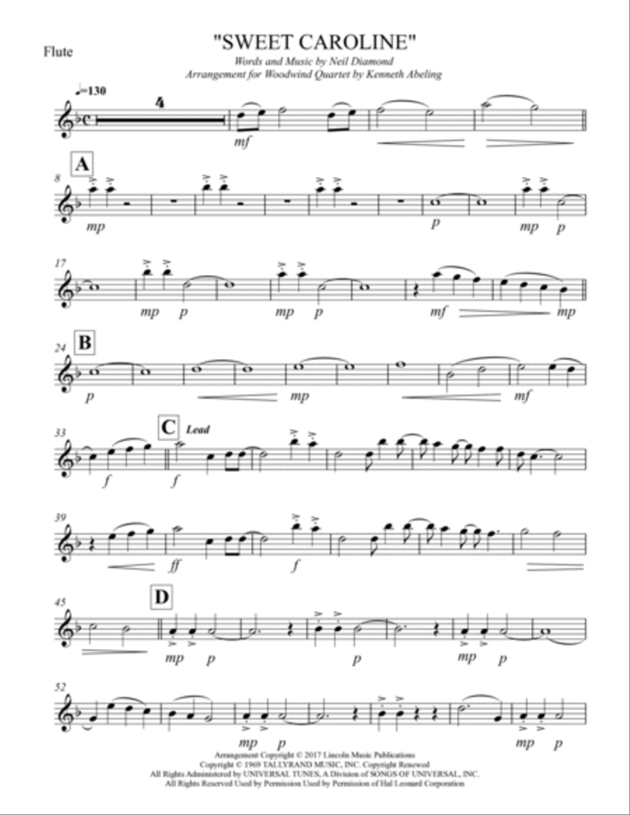 Sweet Caroline Woodwind Quartet scores gallery preview page 6