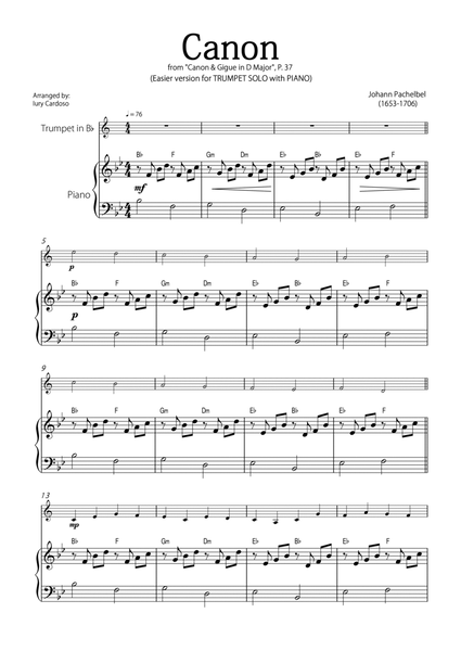 "Canon" by Pachelbel - EASY version for TRUMPET SOLO with PIANO image number null