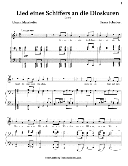 SCHUBERT: Lied eines Schiffers an die Dioskuren, D. 360 (transposed to F major)