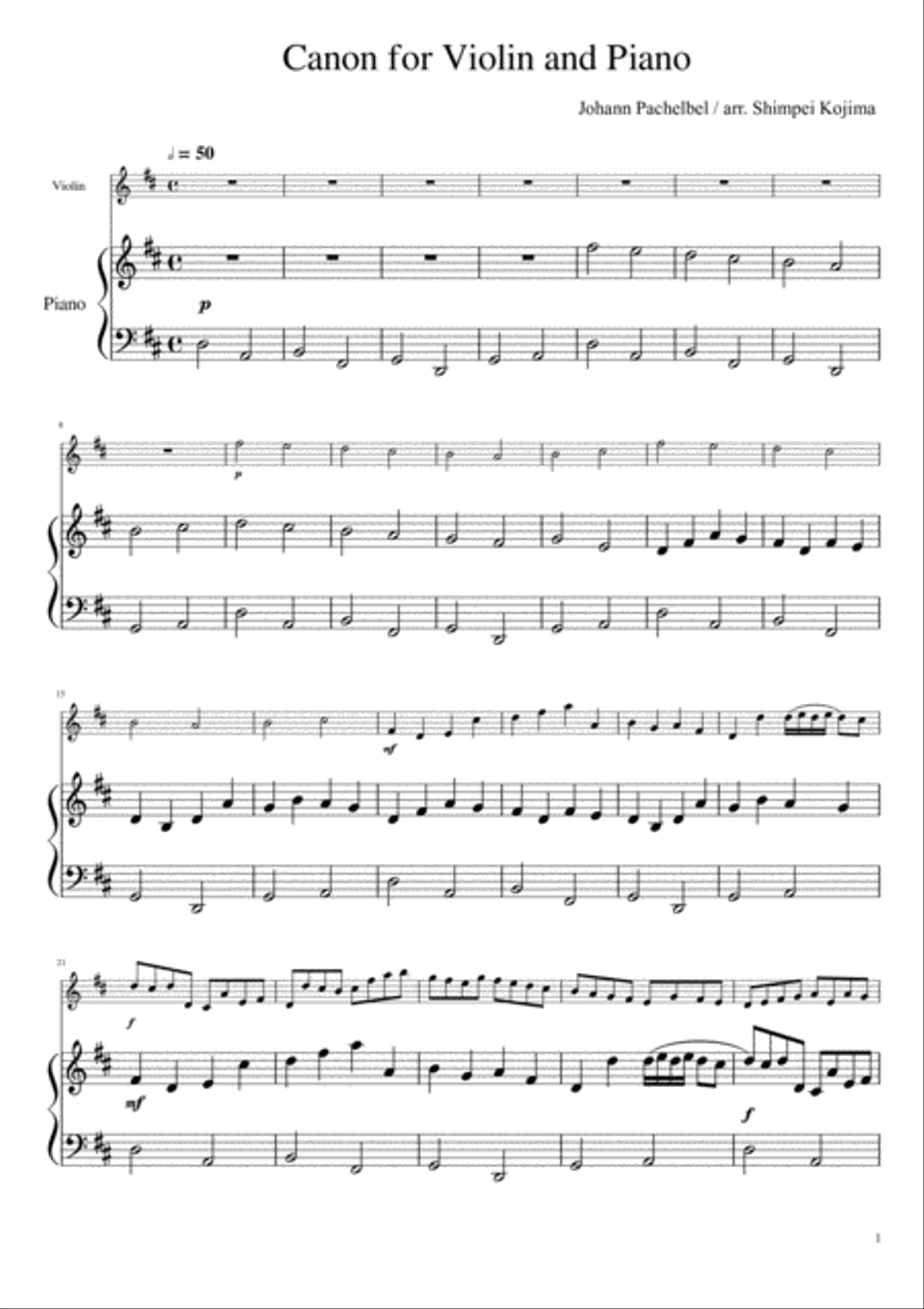 Pachelbel : Canon (for Violin and Piano) Pachelbel : Canon (for Violin and Piano) Violin Solo scores gallery preview page 1