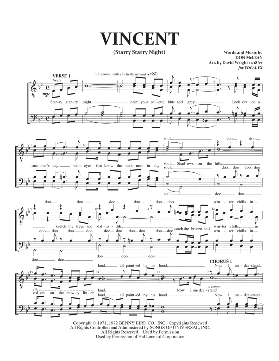 Vincent (Starry Starry Night) TTBB scores gallery preview page 1