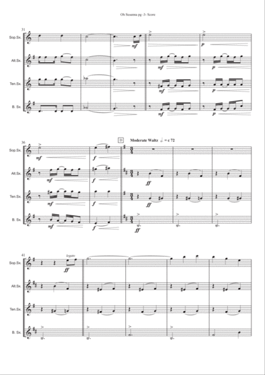 Oh Susanna (for Saxophone Quartet) Saxophone Quartet scores gallery preview page 5