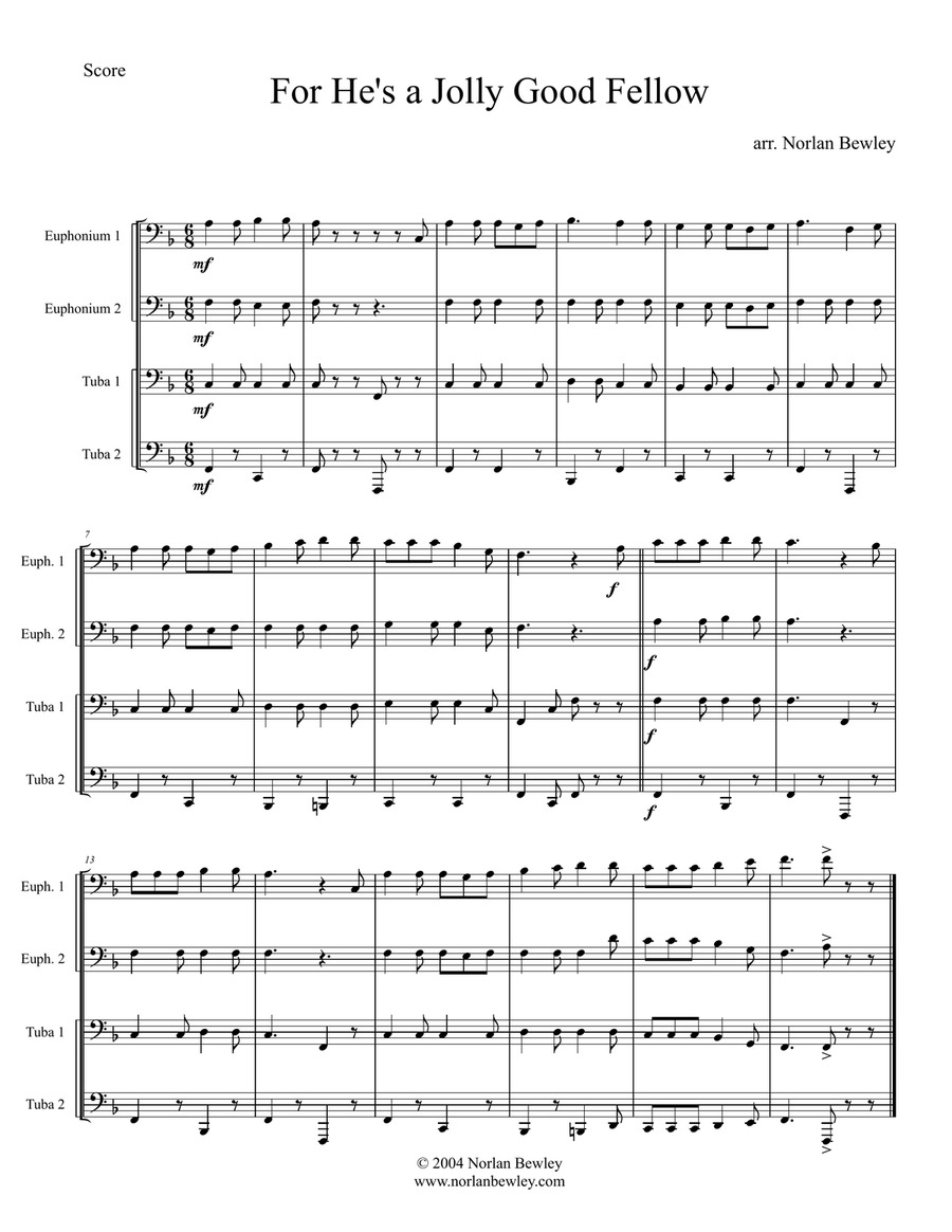 For He's A Jolly Good Fellow - Tuba/Euphonium Quartet Brass Ensemble scores gallery preview page 1