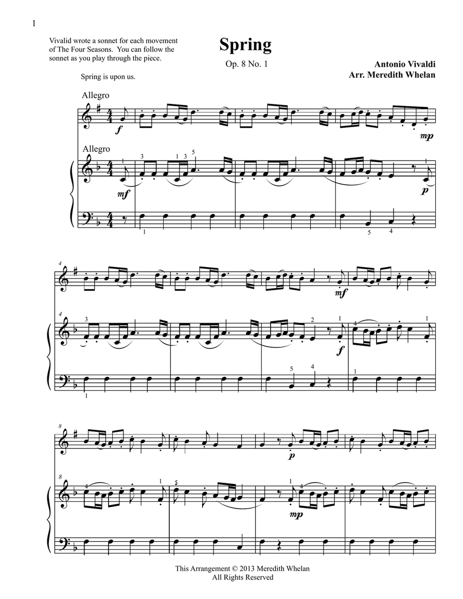 Classical Duets for Clarinet & Piano: Spring from Vivaldi's Four Seasons Woodwind Duet scores gallery preview page 1