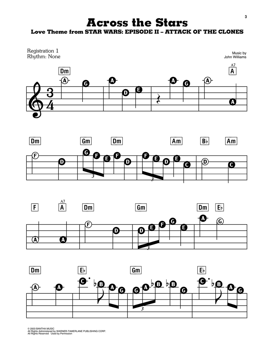 Across The Stars (Love Theme from Star Wars: Attack of the Clones) Electronic Keyboard scores gallery preview page 1