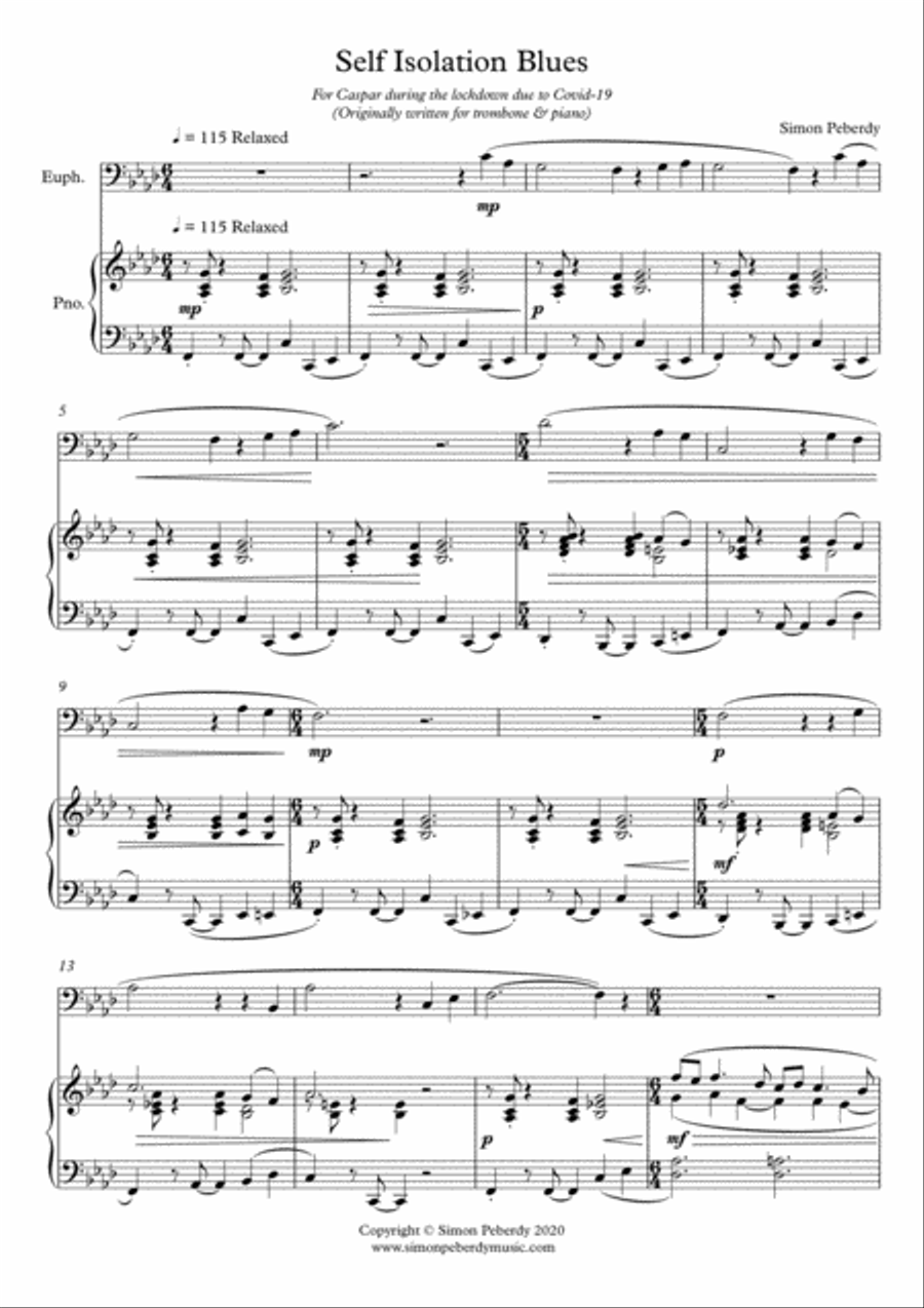 Self Isolation Blues for Euphonium / Baritone by Simon Peberdy Baritone Horn TC scores gallery preview page 2