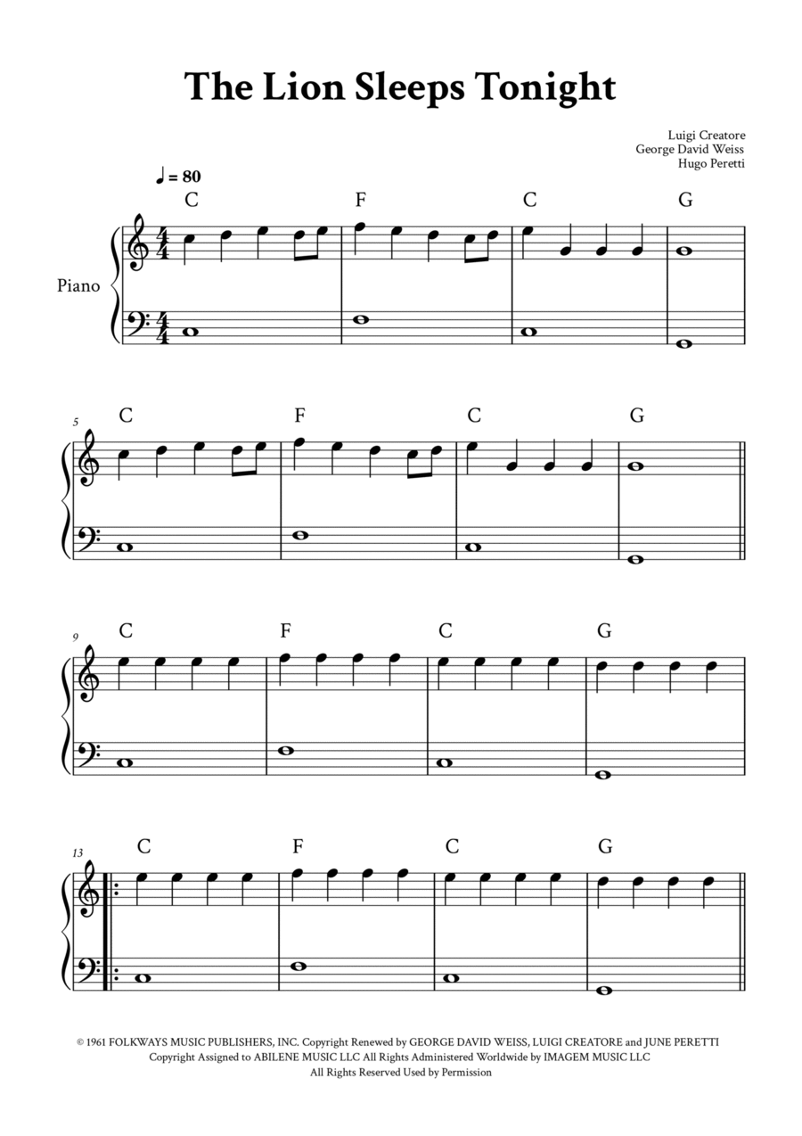 The Lion Sleeps Tonight Easy Piano scores gallery preview page 1