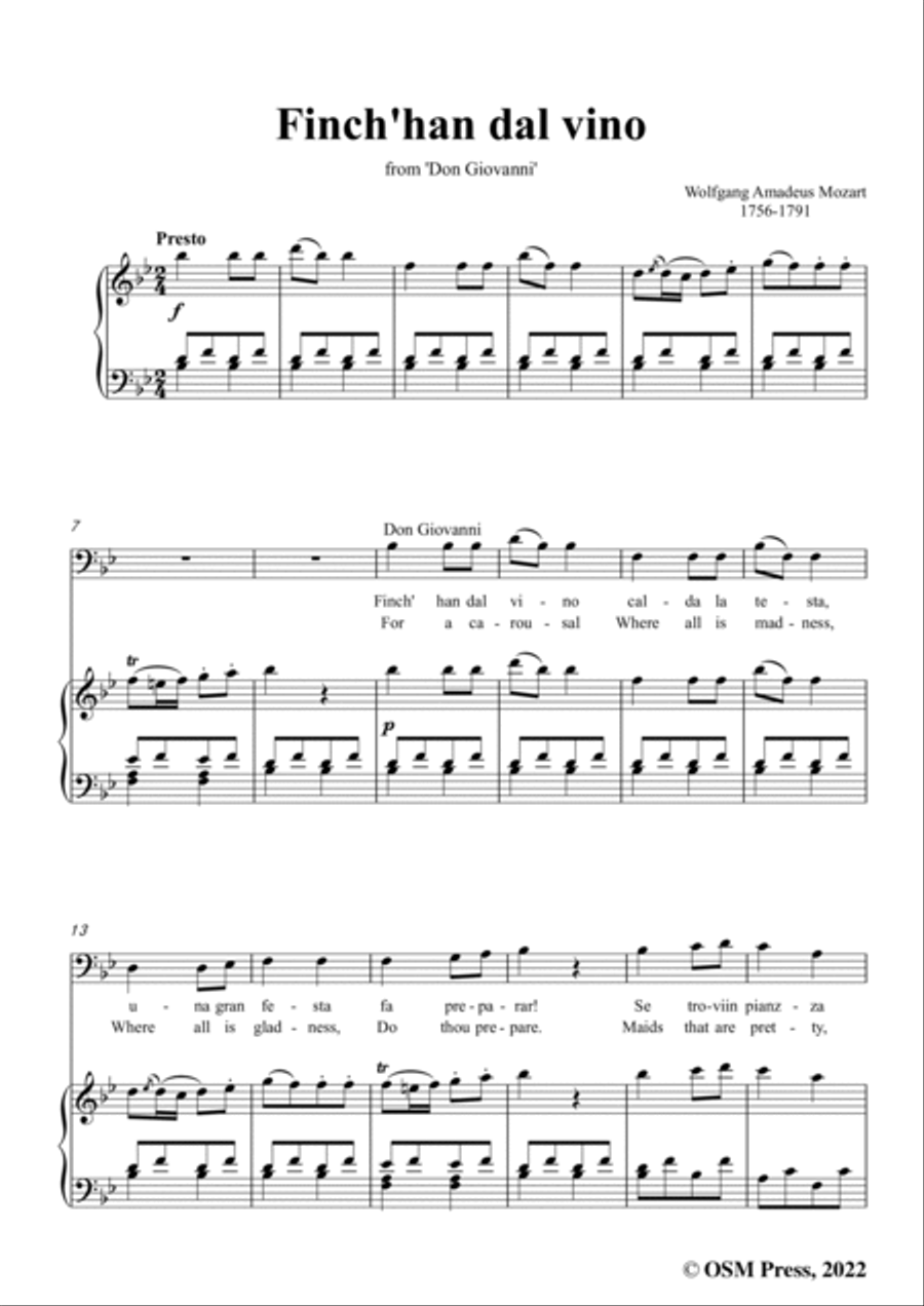 Mozart-Finch'han dal vino,from 'Don Giovanni,K.527',in B flat Major,for Voice and Piano Voice Solo scores gallery preview page 3