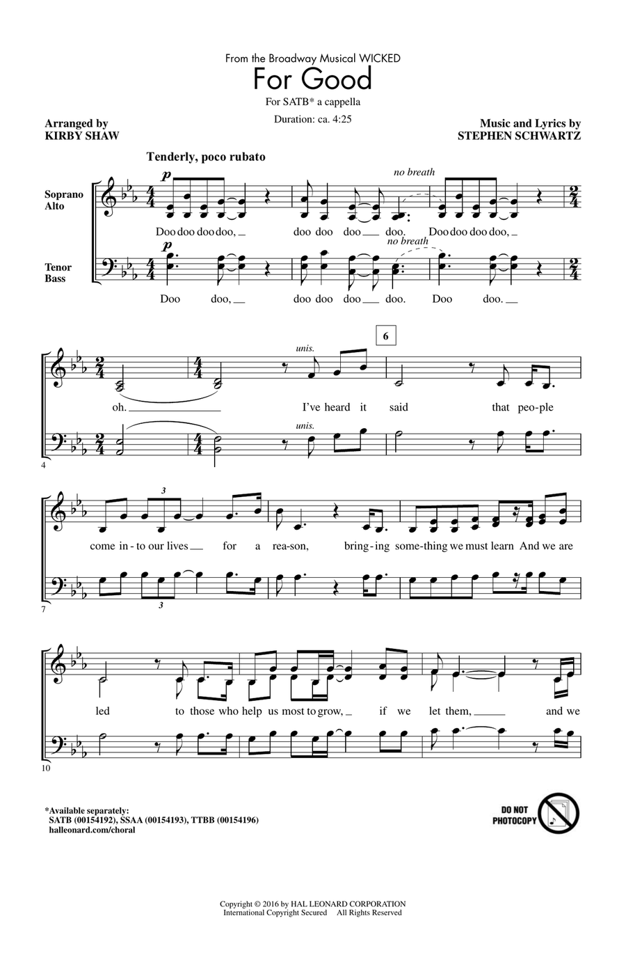 For Good (from Wicked) (arr. Kirby Shaw) 4-Part scores gallery preview page 1