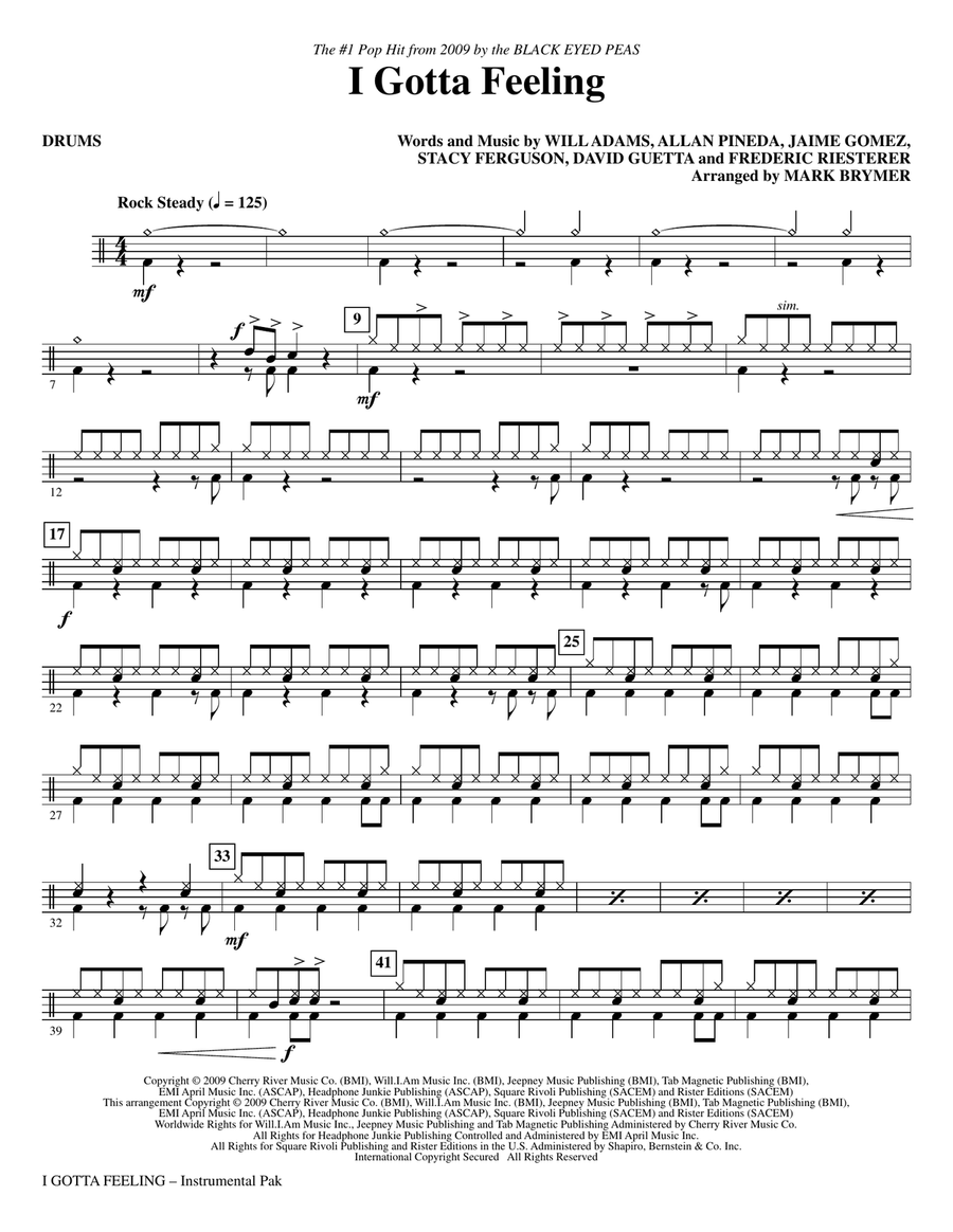 I Gotta Feeling (arr. Mark Brymer) - Drums Choir scores gallery preview page 1