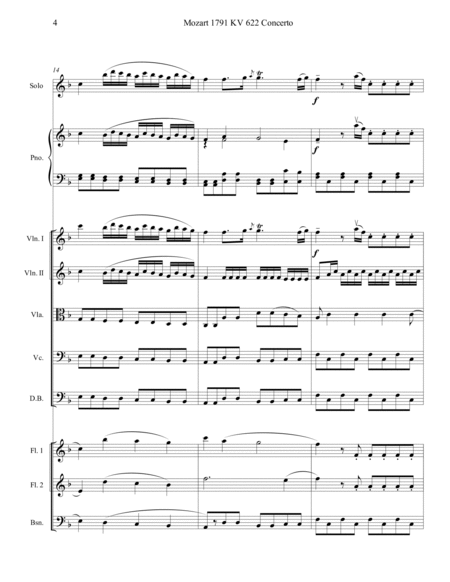 Mozart 1791 KV 622 Flute Concerto in F Chamber Ens Score and Parts