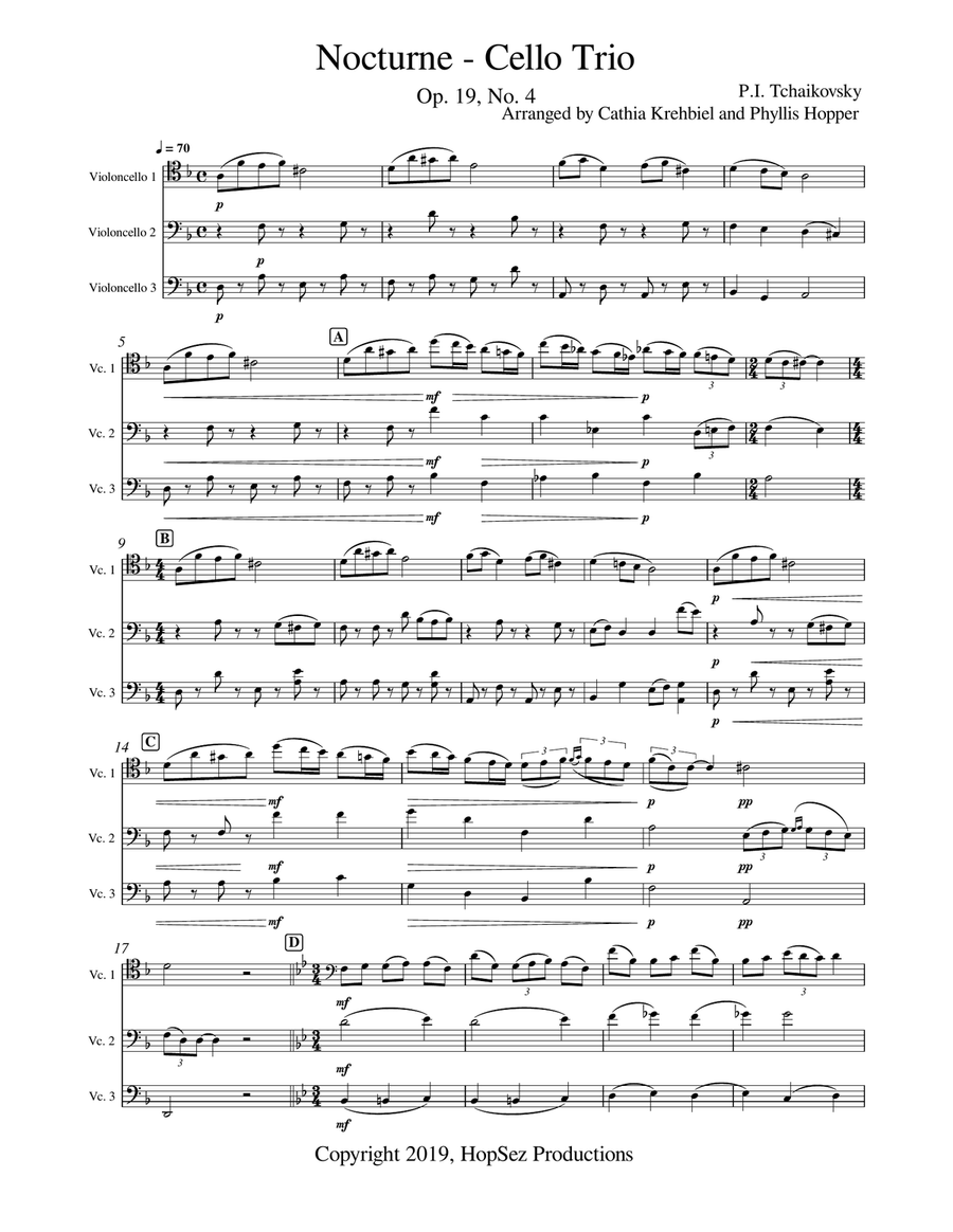 Tchaikovsky Nocturne - Cello Trio Cello scores gallery preview page 1
