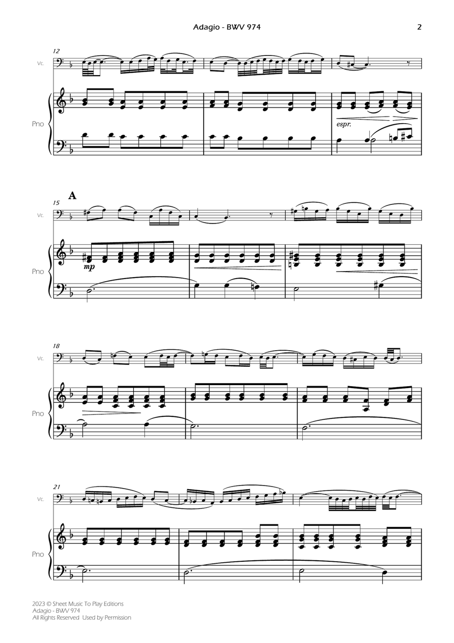 Adagio (BWV 974) - Cello and Piano (Full Score) Piano scores gallery preview page 2