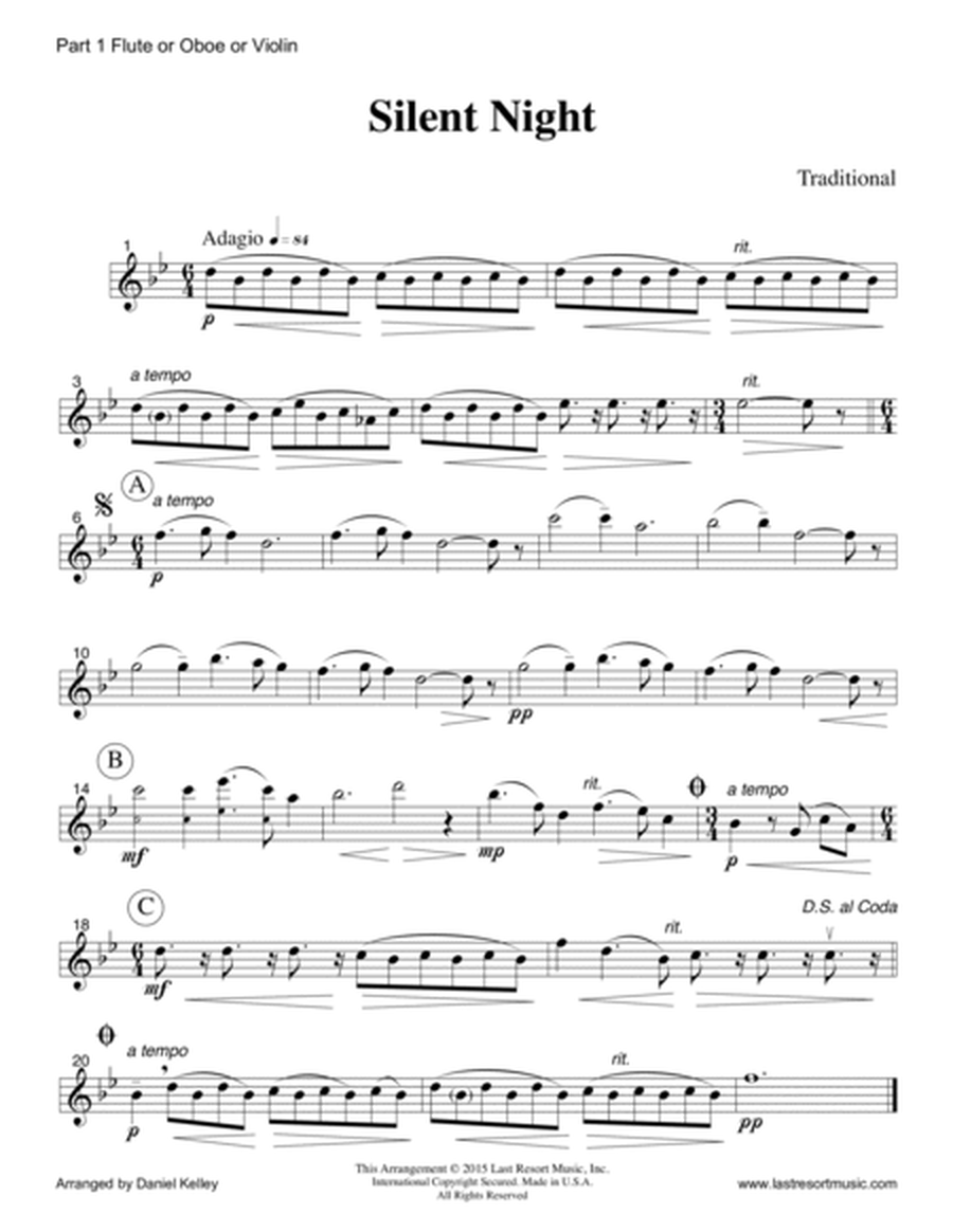 Silent Night for String Trio (Two Violins and Cello) Set of 3 Parts
