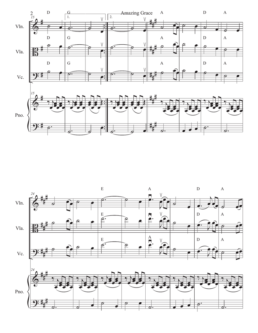 Amazing Grace for Violin/Viola/Cello or Bass solo and piano Small Ensemble scores gallery preview page 2