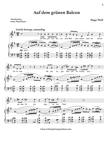 WOLF: Auf dem grünen Balcon (transposed to G major)