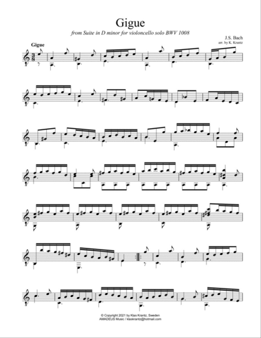 Gigue (vi) from Suite 2 BWV 1008 for guitar solo Acoustic Guitar scores gallery preview page 1