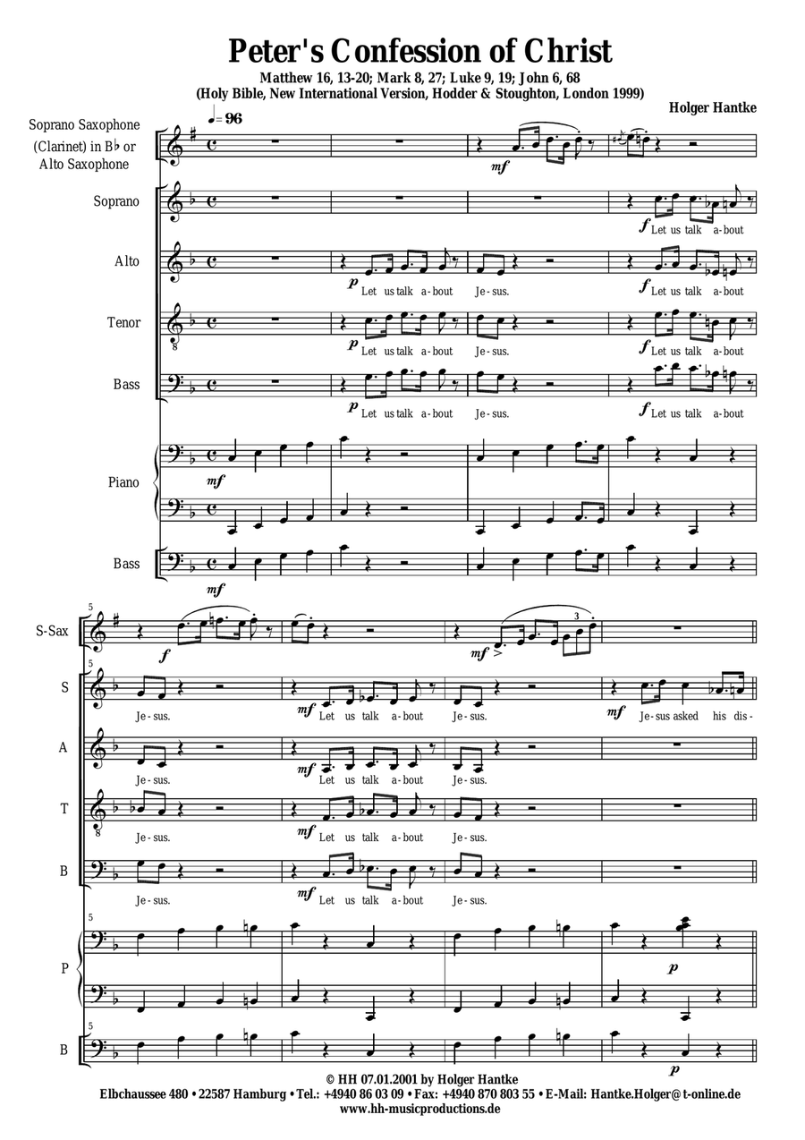 Peter's Confession of Christ. For SATB chorus, Soprano Saxophone (Clarinet) or Alto Saxophone, Piano, Bass