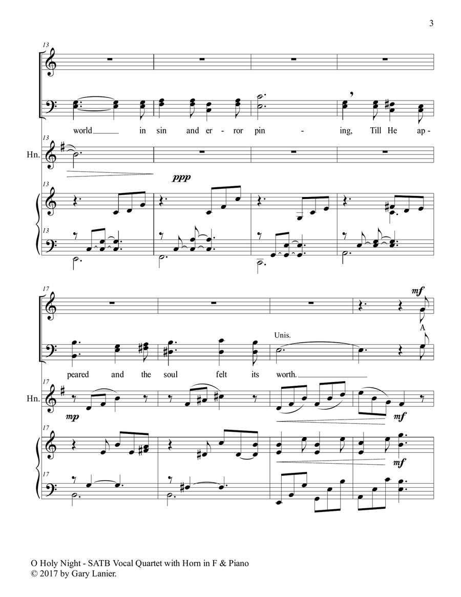 O HOLY NIGHT (SATB Vocal Quartet with Horn in F & Piano - Score & Parts included) 4-Part scores gallery preview page 4