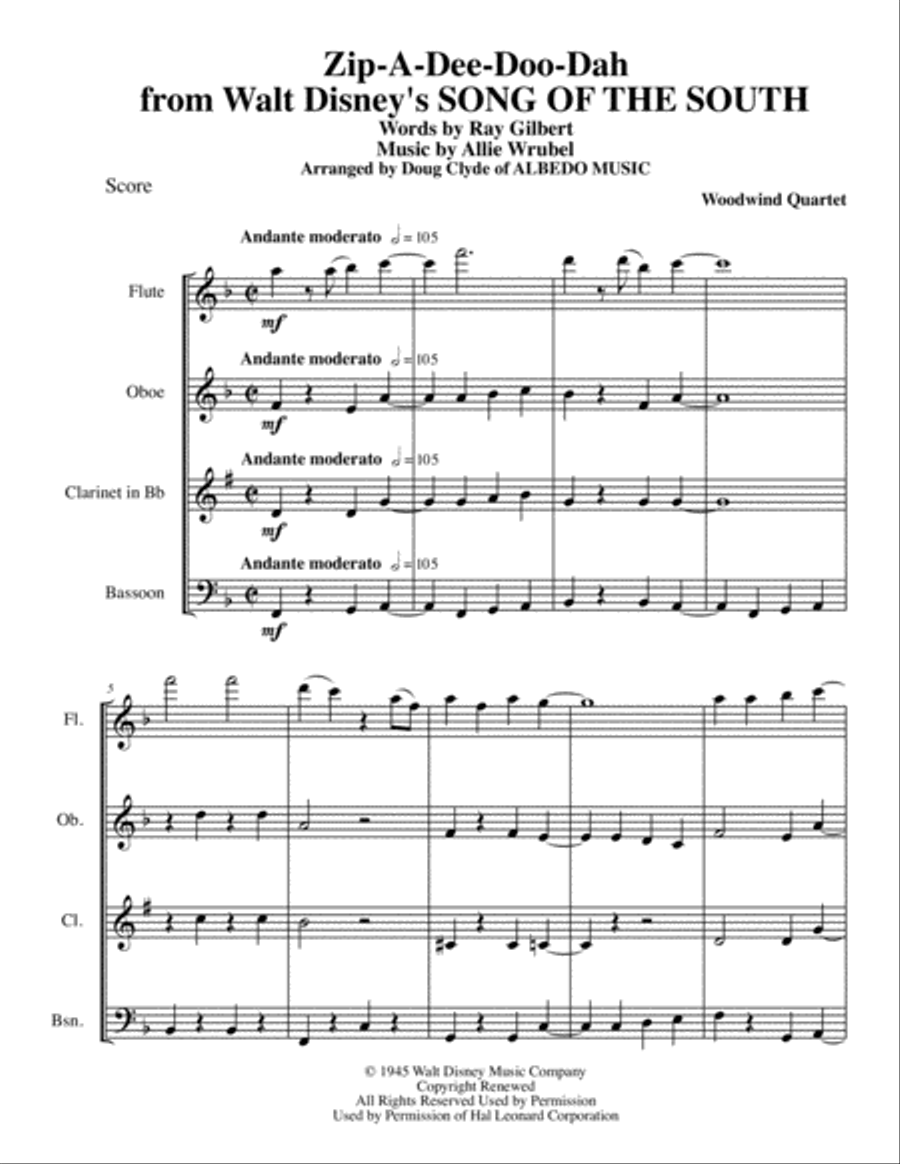 Zip-A-Dee-Doo-Dah Woodwind Quartet scores gallery preview page 1