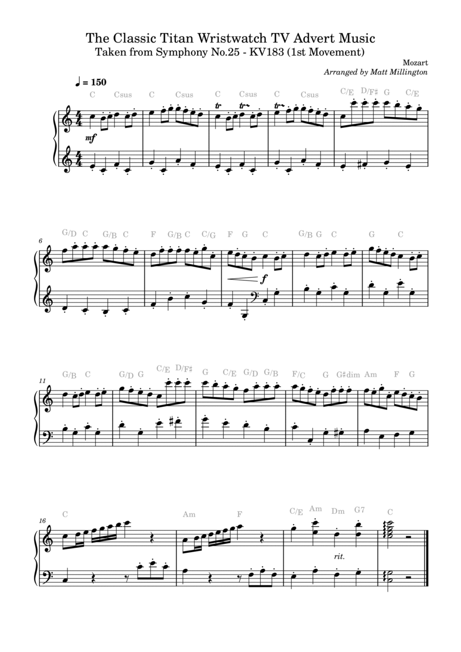 The Classic Titan Wristwatch TV Advert Music Taken from Symphony No.25 - KV183 (1st Movement) Piano Solo scores gallery preview page 1