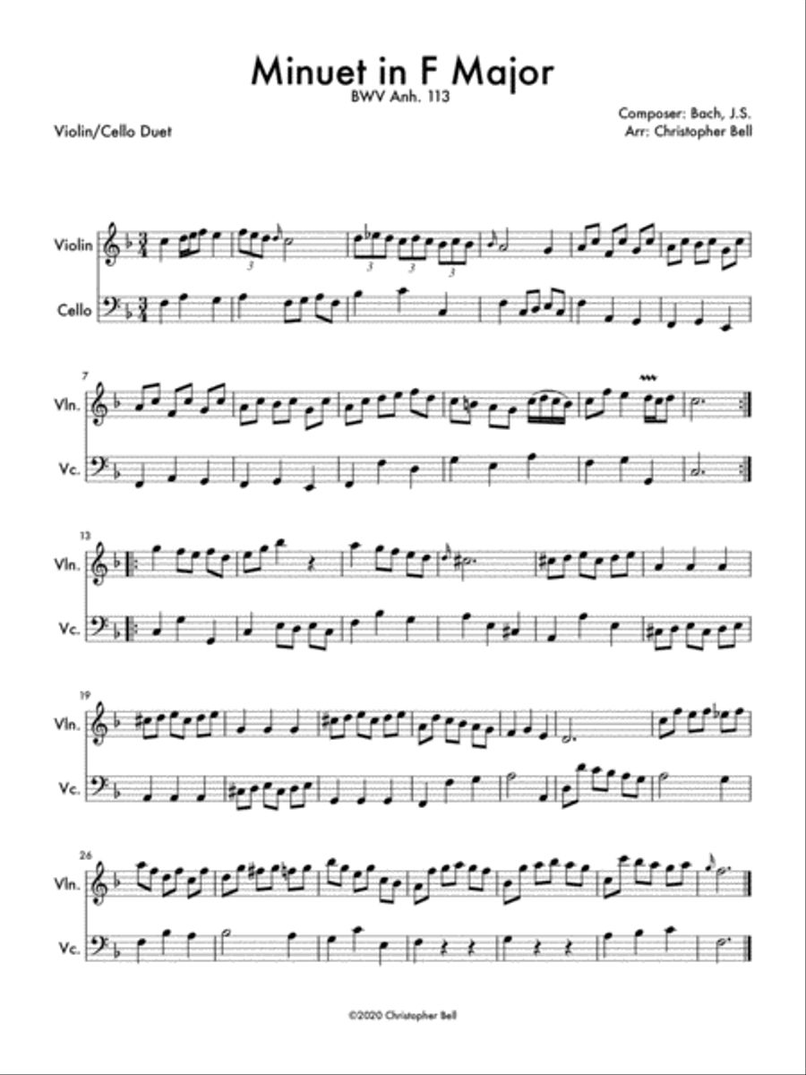 Minuet in F Major (Violin/Cello Duet) String Duet scores gallery preview page 1
