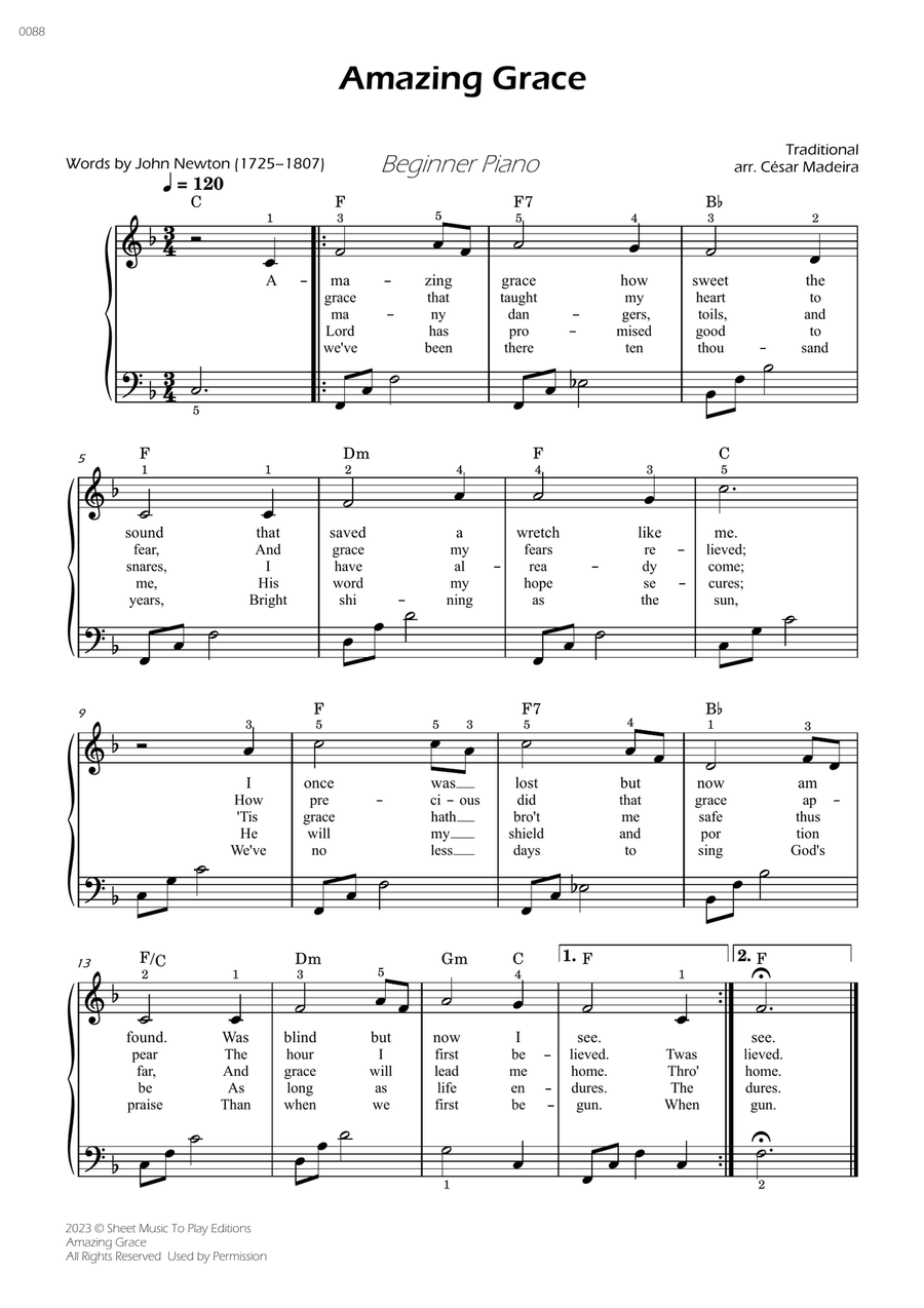 Amazing Grace - Easy Piano - W/Chords and Lyrics (Full Score) Easy Piano scores gallery preview page 1