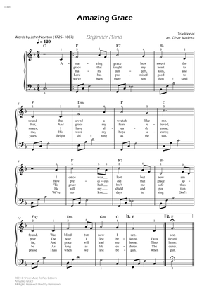 Amazing Grace - Easy Piano - W/Chords and Lyrics (Full Score)