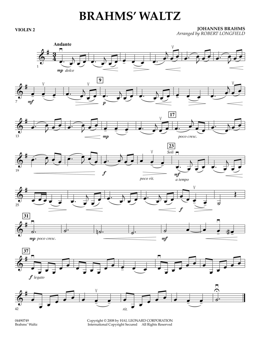 Brahms' Waltz - Violin 2 Brahms' Waltz - Violin 2 Orchestra scores gallery preview page 1