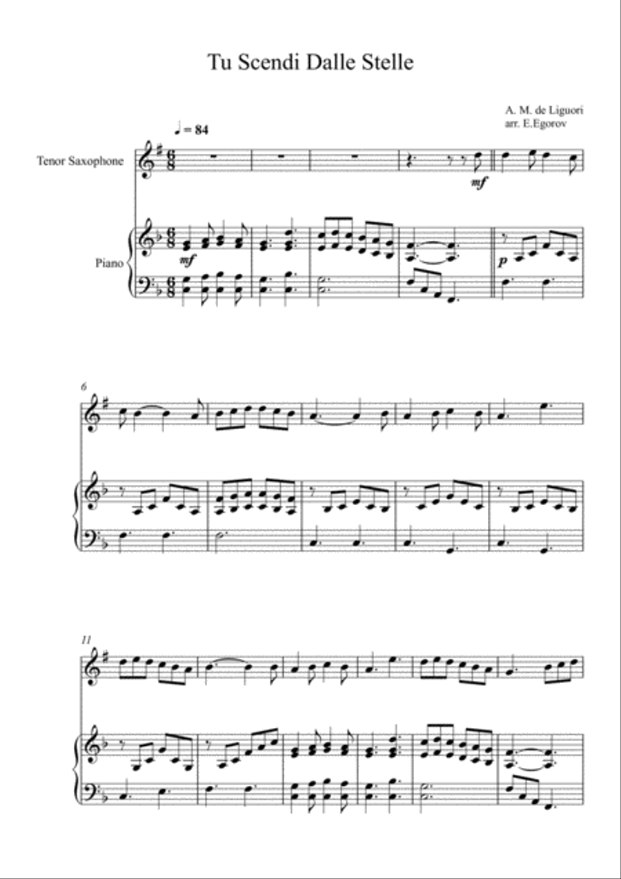 Tu Scendi Dalle Stelle, Alfons Maria de Liguori, For Tenor Saxophone & Piano Tenor Saxophone scores gallery preview page 1