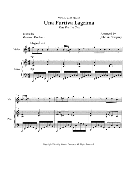 Una Furtiva Lagrima (One Furtive Tear): Violin and Piano image number null