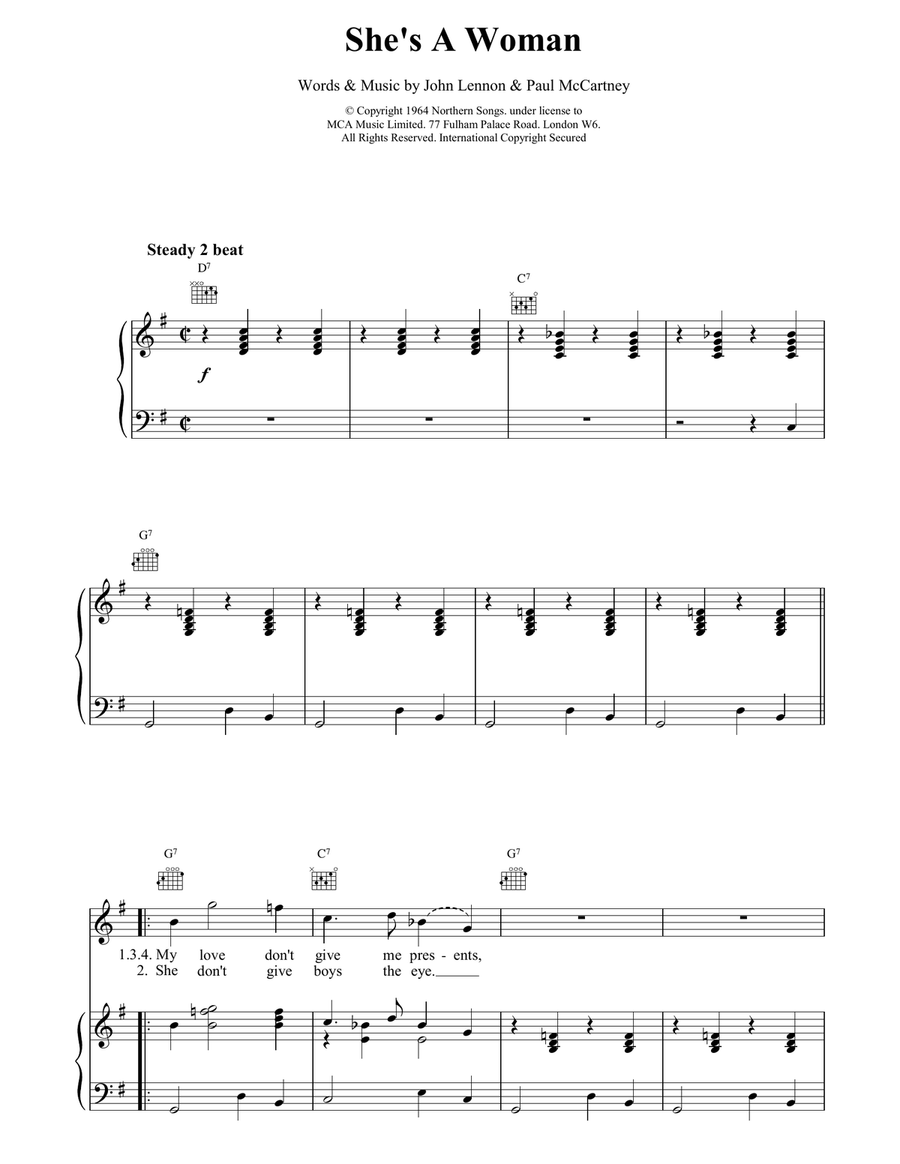 She's A Woman Piano, Vocal, Guitar scores gallery preview page 1