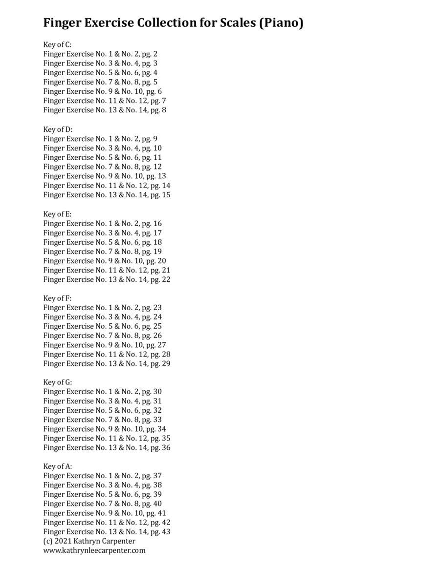 Finger Exercise Collection for Scales: C, D, E, F, G, and A major (Major Scales)