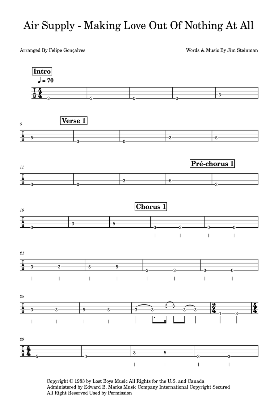 Making Love Out Of Nothing At All Bass Guitar Tablature scores gallery preview page 1