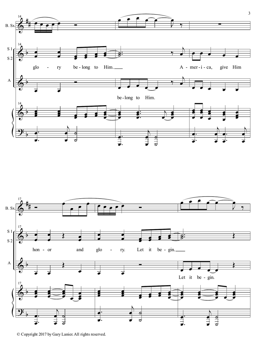 AMERICA, HONOR GOD (Ladies Trio - SSA with Baritone Sax & Piano) SSA scores gallery preview page 4