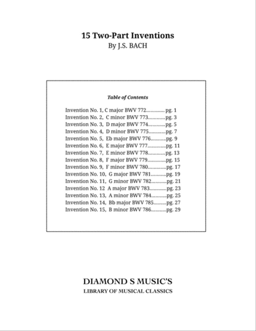 15 2-Part Inventions by J.S. BACH, BWV 772-786 for Solo Piano image number null