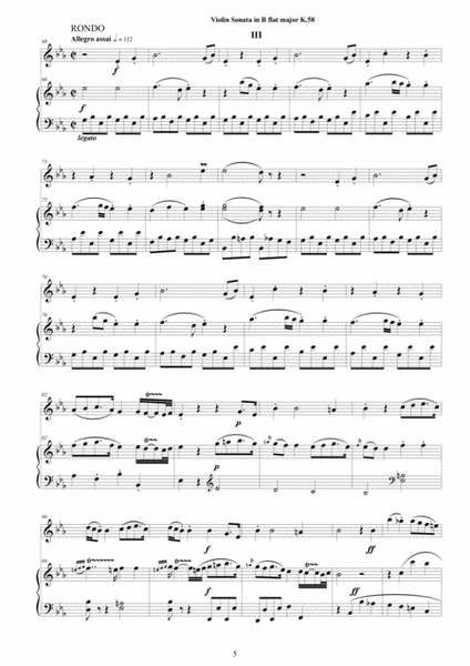 Mozart - Violin Sonata in E flat K 58 for Violin and Piano - Score and Part image number null