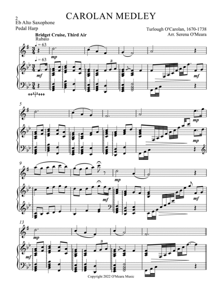 Carolan Medley, Duet for Eb Alto Saxophone & Pedal Harp by Turlough O'carolan Alto Saxophone - Digital Sheet Music