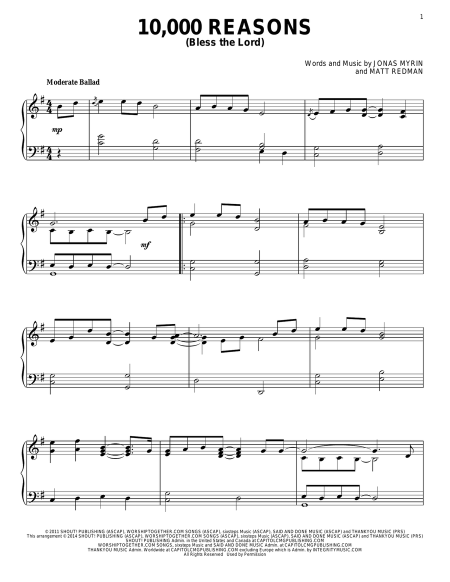 10,000 Reasons (Bless The Lord) Piano Solo scores gallery preview page 1