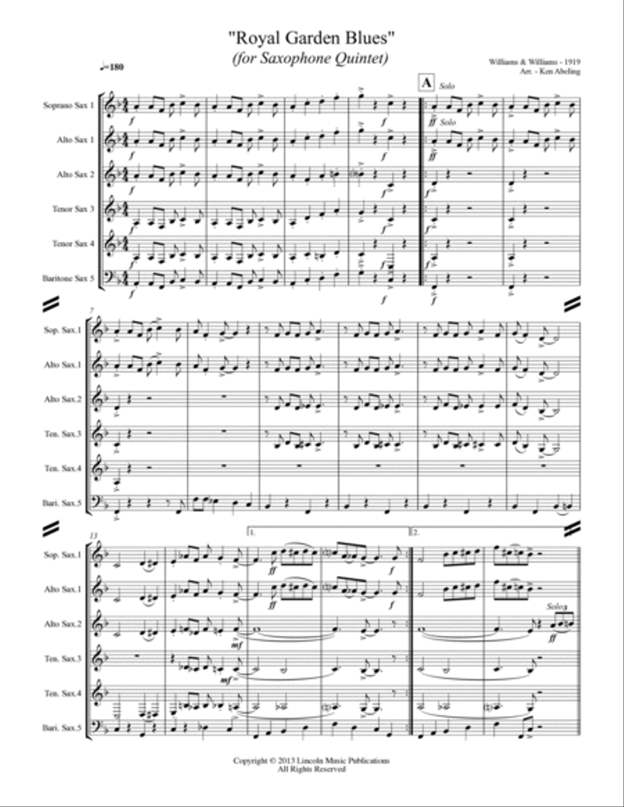 Royal Garden Blues (for Saxophone Quintet SATTB or AATTB) Saxophone Quintet scores gallery preview page 2