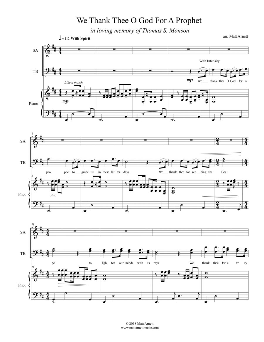 We Thank Thee O God for a Prophet 4-Part scores gallery preview page 1
