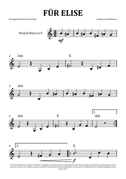Für Elise by Beethoven - French Horn Solo with Chord Notation image number null